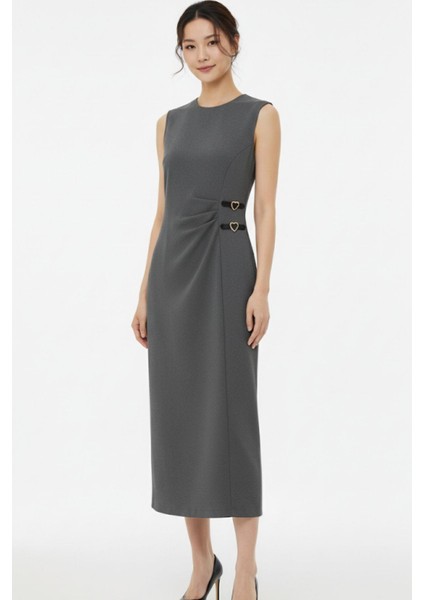 Antrasit Gri Kalp Tokalı Midi Elbise 8144A