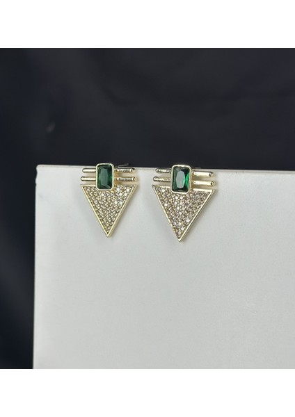 Gold Altın Yeşil Zirkon Taşlı Marka Model Çelik Küpe