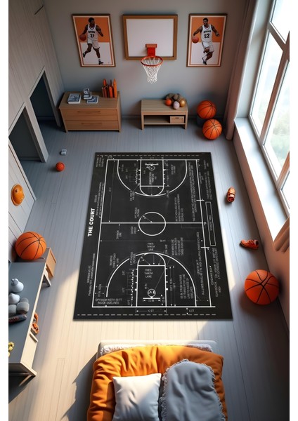 Dijital Baskı Basketbol Temalı Kaymaz Taban Leke Tutmaz Yıkanabilir Salon Halısı ve Genç Halısı