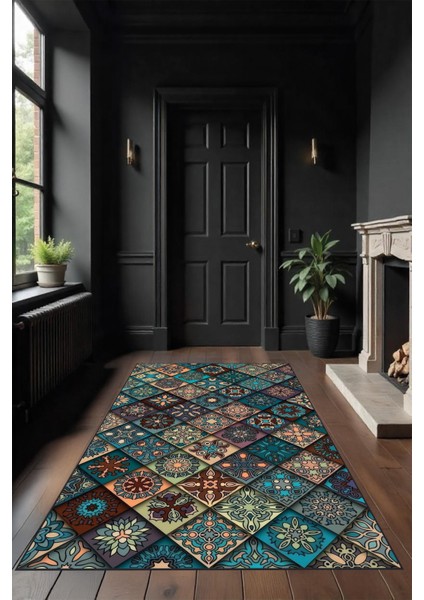 Makinede Yıkanabilir Renkli Patchwork Desen Kaymaz Taban Leke Tutmaz Salon Halısı ve Yolluk