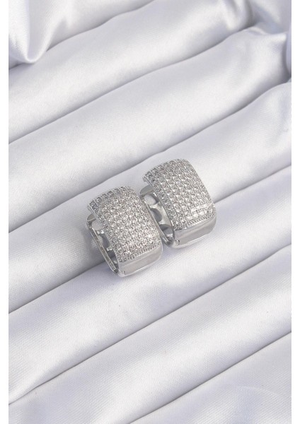 Pirinç Gümüş Renk Zirkon Taşlı Minimal Halka Küpe - PRT3500EB01930