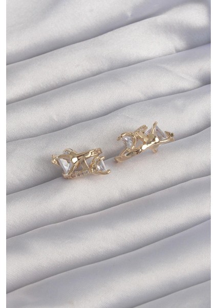 Pirinç Gold Renk Iri Zirkon Taşlı Kıvrımlı Minimal Kelebekli Halka Küpe - PRT3500EB02017