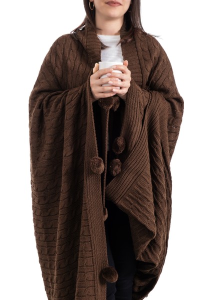 Ponponlu Triko Örme Tv Battaniyesi – Koltuk & Omuz Şalı & Diz Battaniyesi – 130X170CM - Kahverengi indirimleri