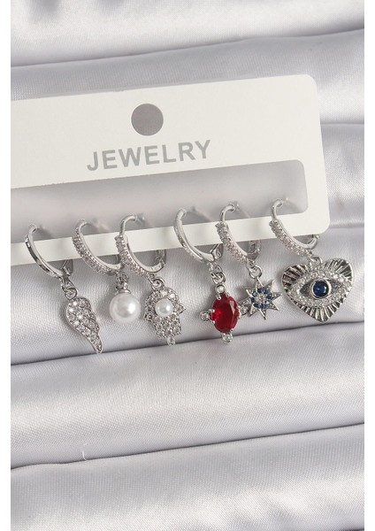 Pirinç Gümüş Renk Sallantı Zirkon Taşlı Fatma Ana El Figür Kadın Küpe Seti - PRT3500EB03764