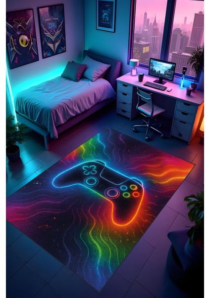 Dijital Baskı Oyun Odası Gamer Halısı Makinede Yıkanabilir Anti Bakteriyel Leke Tutmaz Kaymaz Taban