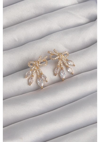 Pirinç Gold Renk Zirkon Taşlı Fiyonk Küpe - PRT3500EB02021