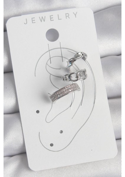 Pirinç Gümüş Renk Zirkon Taşlı 3lü Zincir Sarmal Model Kadın Kıkırdak Küpe - PRT3500EB06048 fiyatları