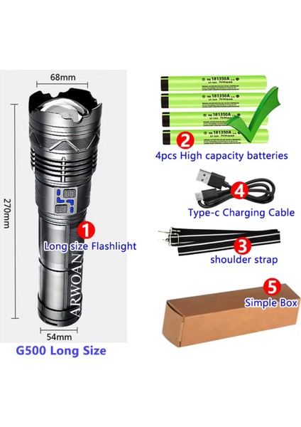 Yüksek Güç Taktik Şarj Edilebilir LED El Feneri Uzun Menzilli Çok Güçlü Fener modelleri