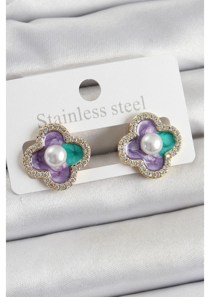 Pirinç Mor Mineli Inci Detaylı Zirkon Taşlı Sanatsal Portre Yonca Model Gold Renk Kadın Küpe - PRT3500EB06480