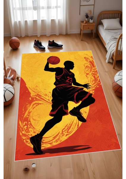 Dijital Baskı Sarı Kırmızı Basketbol Silüetli Makinada Yıkanabilir Genç Odası Salon ve Yolluk Halısı