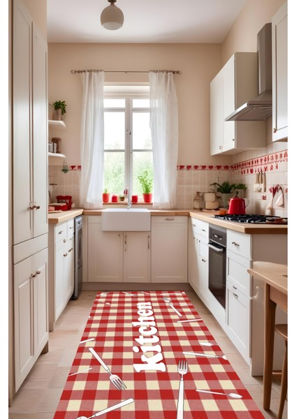 Dijital Baskı Kırmızı Krem Karo Desenli Kaymaz Taban Leke Tutmaz Yıkanabilir Mutfak Halısı ve Yolluk fiyatları