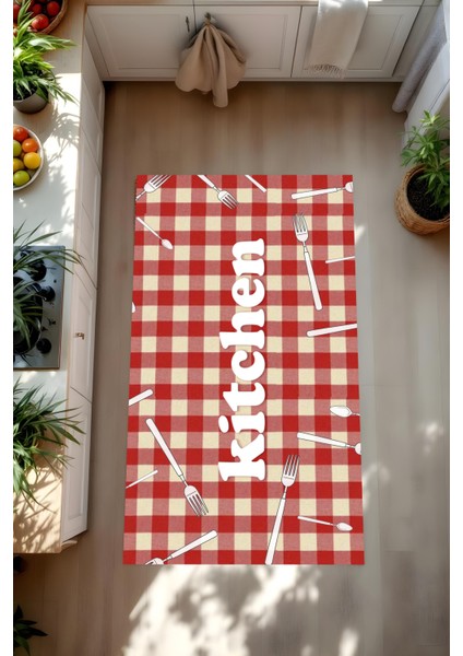 Dijital Baskı Kırmızı Krem Karo Desenli Kaymaz Taban Leke Tutmaz Yıkanabilir Mutfak Halısı ve Yolluk modelleri