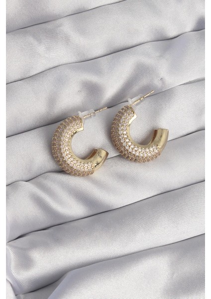 Pirinç Gold Renk Zirkon Taşlı Yarım Halka Küpe - PRT3500EB01843