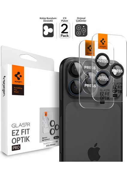 iPhone 17 Pro Max / 17 Pro / 16 Pro Max / 16 Pro / 15 Pro Max / 15 Pro / 14 Pro Max / 14 Pro ile uyumlu Kamera Lens Camı Koruyucu Kolay Kurulum Glas.tR EZ Fit Optik Pro 2 Adet Zero One AGL06159