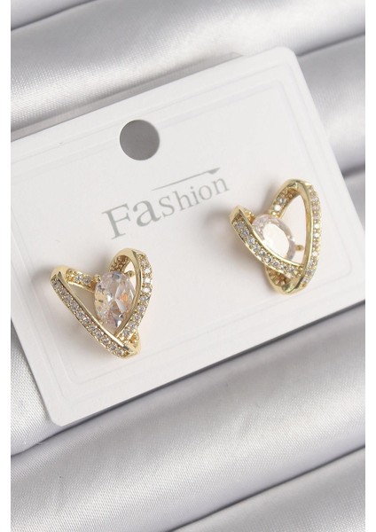 Pirinç Gold Renk Zirkon Taşlı Kalp Model Kadın Küpe - PRT3500EB03136