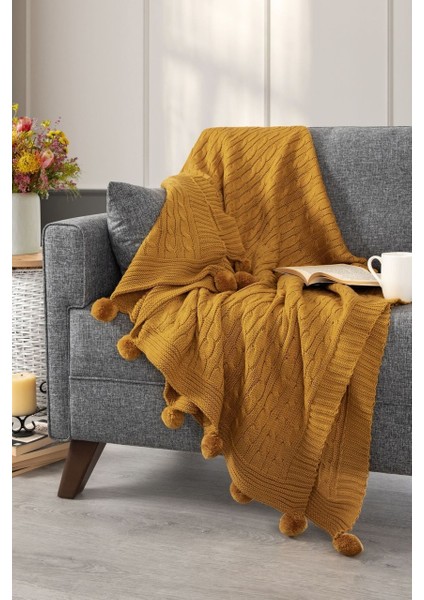 Ponponlu Triko Örme Tv Battaniyesi – Koltuk & Omuz Şalı & Diz Battaniyesi – 130X170CM - Hardal fırsatları