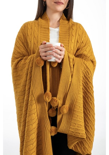 Ponponlu Triko Örme Tv Battaniyesi – Koltuk & Omuz Şalı & Diz Battaniyesi – 130X170CM - Hardal indirimleri