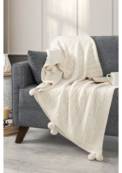 Ponponlu Triko Örme Tv Battaniyesi – Koltuk & Omuz Şalı & Diz Battaniyesi – 130X170CM - Krem fırsatları