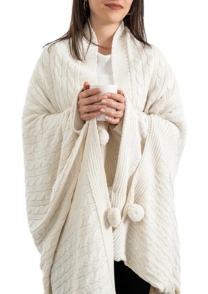 Ponponlu Triko Örme Tv Battaniyesi – Koltuk & Omuz Şalı & Diz Battaniyesi – 130X170CM - Krem indirimleri