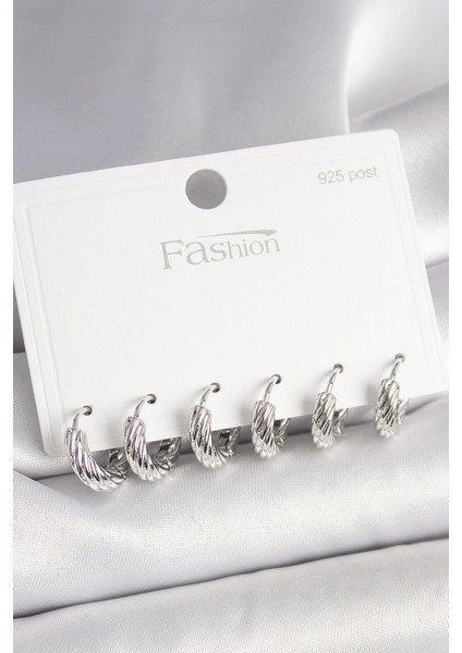 925 Ayar Gümüş Çivi Pirinç Gümüş Renk Işlemeli Halka Model Kadın Küpe Seti - PRT3500EB04484