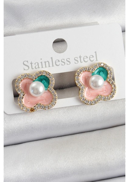 Pirinç Pembe Mineli Inci Detaylı Zirkon Taşlı Sanatsal Portre Yonca Model Gold Renk Kadın Küpe - PRT3500EB06482