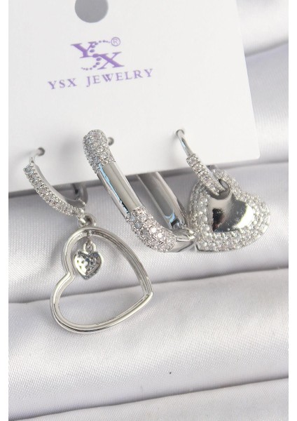 Pirinç Gümüş Renk Sallantı Zirkon Taşlı Kalp Model 3lü Kadın Kombin Küpe - PRT3500EB04919