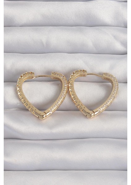 Pirinç Gold Renk Zirkon Taşlı Motifli Kalp Küpe - PRT3500EB02014
