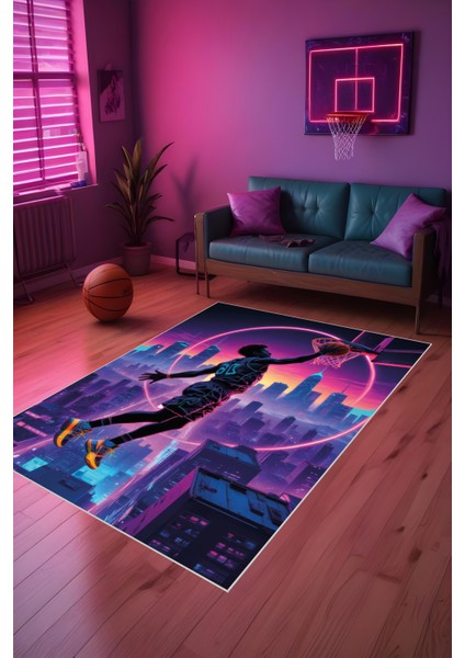 Dijital Baskılı Mor Tonlu Basketbol Temalı Makinada Yıkanabilir Genç Odası Salon ve Yolluk Halısı