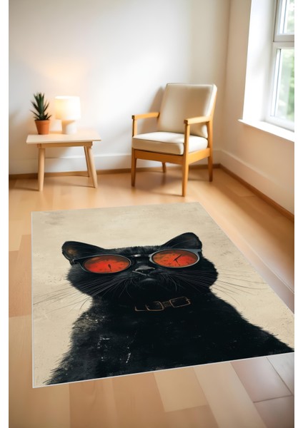 Makinede Yıkanabilir Kedi Desenli Kaymaz Taban Leke Tutmaz Çocuk Halısı Salon Halısı ve Yolluk