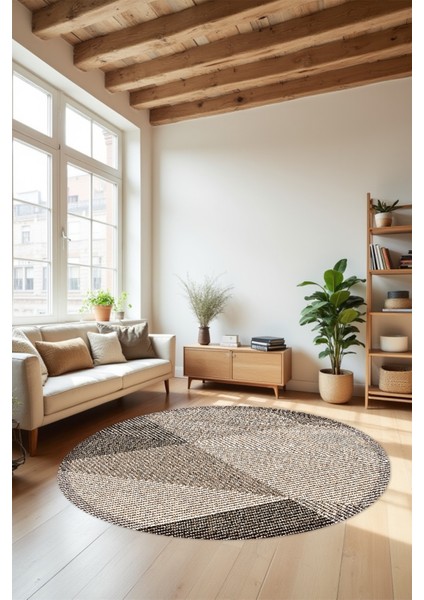 Dijital Baskı Kahve Renk Tonlu Üçgen Piramit Desen Makinada Yıkanabilir Yuvarlak Salon Antre Halısı