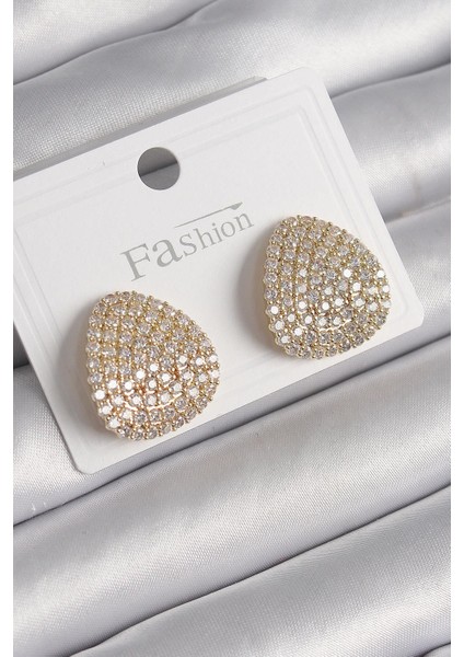 Pirinç Gold Renk Zirkon Taşlı Plaka Model Kadın Küpe - PRT3500EB03459