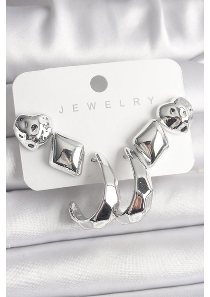 Gümüş Renk Kalp Halka Figür Ccb Plastik Kadın Küpe Seti - PRT3500EB03553