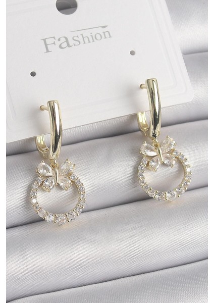Pirinç Gold Renk Zirkon Taşlı Kelebek Figür Sallantı Model Kadın Küpe - PRT3500EB03240
