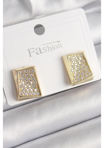 Pirinç Gold Renk Zirkon Taşlı Plaka Model Kadın Küpe - PRT3500EB03247