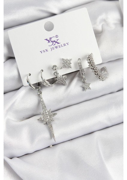 Pirinç Zirkon Taşlı Kutup Yıldızı Model Gümüş Renk 3lü Çift Kadın Küpe - PRT3500EB07807