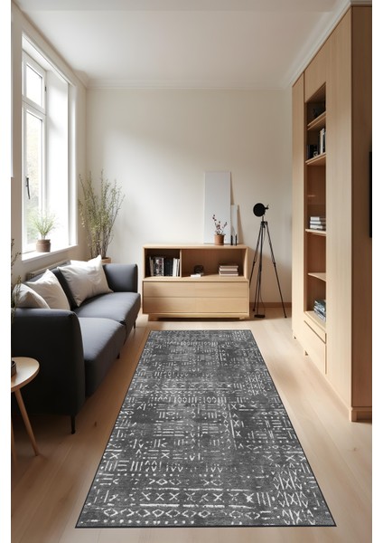 Dijital Baskı Kaymaz Taban Iskandinav Etnik Desen Koyu Gri Renk Salon Halısı Yolluk fiyatları