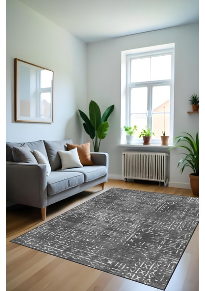 Dijital Baskı Kaymaz Taban Iskandinav Etnik Desen Koyu Gri Renk Salon Halısı Yolluk modelleri