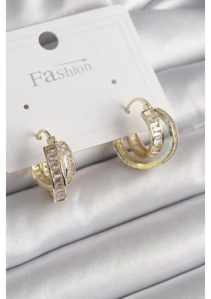 Pirinç Gold Renk Zirkon Taşlı Halka Model Kadın Küpe - PRT3500EB03481