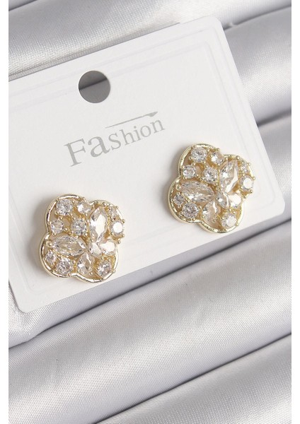 Pirinç Gold Renk Zirkon Taşlı Yonca Model Kadın Küpe - PRT3500EB03140