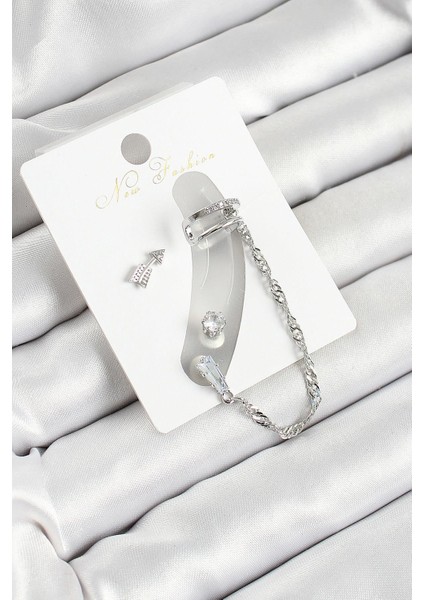 Pirinç Ok Figürlü Zirkon Taşlı Gümüş Renk 3lü Kıkırdak Kadın Küpe Set - PRT3500EB06383