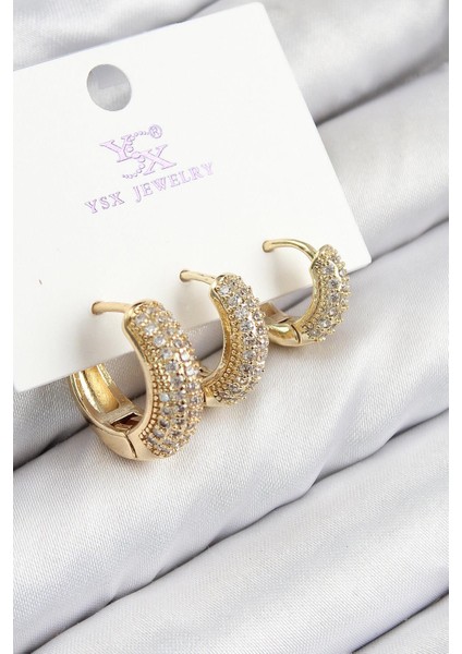 Pirinç Zirkon Taşlı 3lü Halka Model Gold Renk Kadın Küpe - PRT3500EB08381