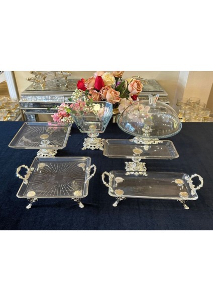 6 Parça Ayaklı Cam Servis Seti, Şeffaf ve Zarif Tasarım