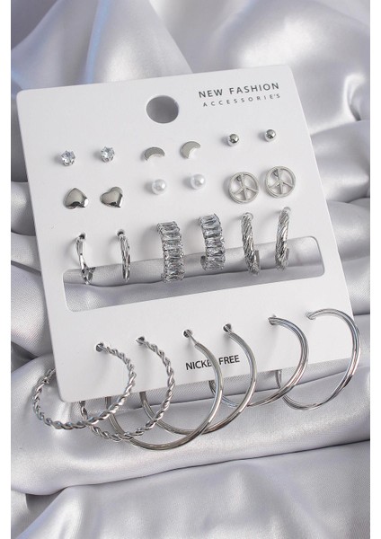 Pirinç Gümüş Renk Zirkon Taşlı 12 Çift Kadın Küpe Seti - PRT3500EB02711