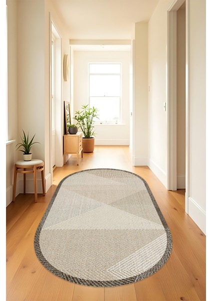 Dijital Baskılı Kahve Renkli Tonlu Üçgen Piramit Desen Makinada Yıkanabilir Oval Salon Yolluk Halısı