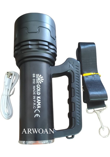 GK-312 Şarjlı LED El Feneri Metal Taşıma Çantalı, Güçlü, Uzun Menzilli, USB Şarjlı