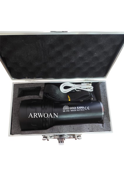 GK-312 Şarjlı LED El Feneri Metal Taşıma Çantalı, Güçlü, Uzun Menzilli, USB Şarjlı