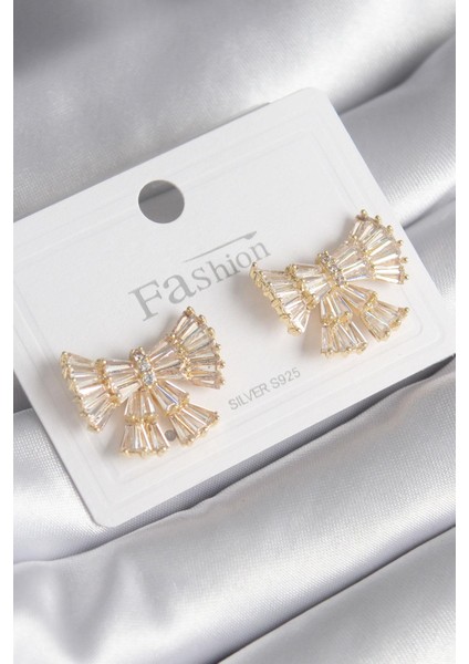 Pirinç Gold Renk Zirkon Taşlı Kurdele Model Kadın Küpe - PRT3500EB01065