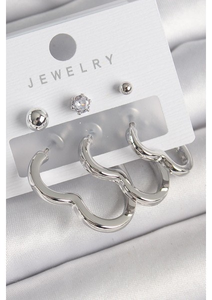 Pirinç Gümüş Renk Kalp Model Zirkon Taş Topçuk Detay Kadın Küpe Seti - PRT3500EB04105