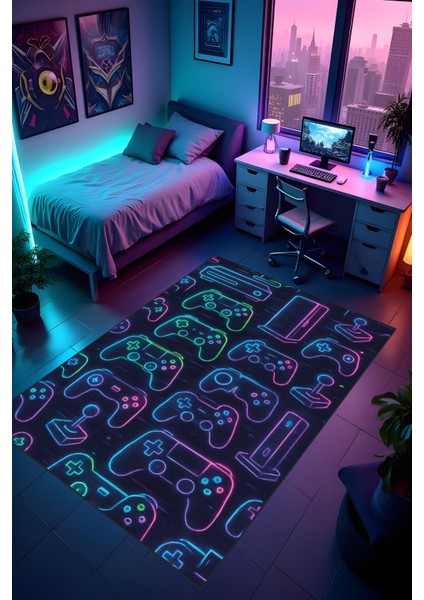 Dijital Baskı Oyun Odası Gamer Halısı Makinede Yıkanabilir Anti Bakteriyel Leke Tutmaz Kaymaz Taban
