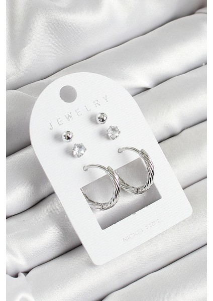 Pirinç Zirkon Taş ve Halka Figürlü Gümüş Renk 3lü Çift Kadın Küpe Set - PRT3500EB06366